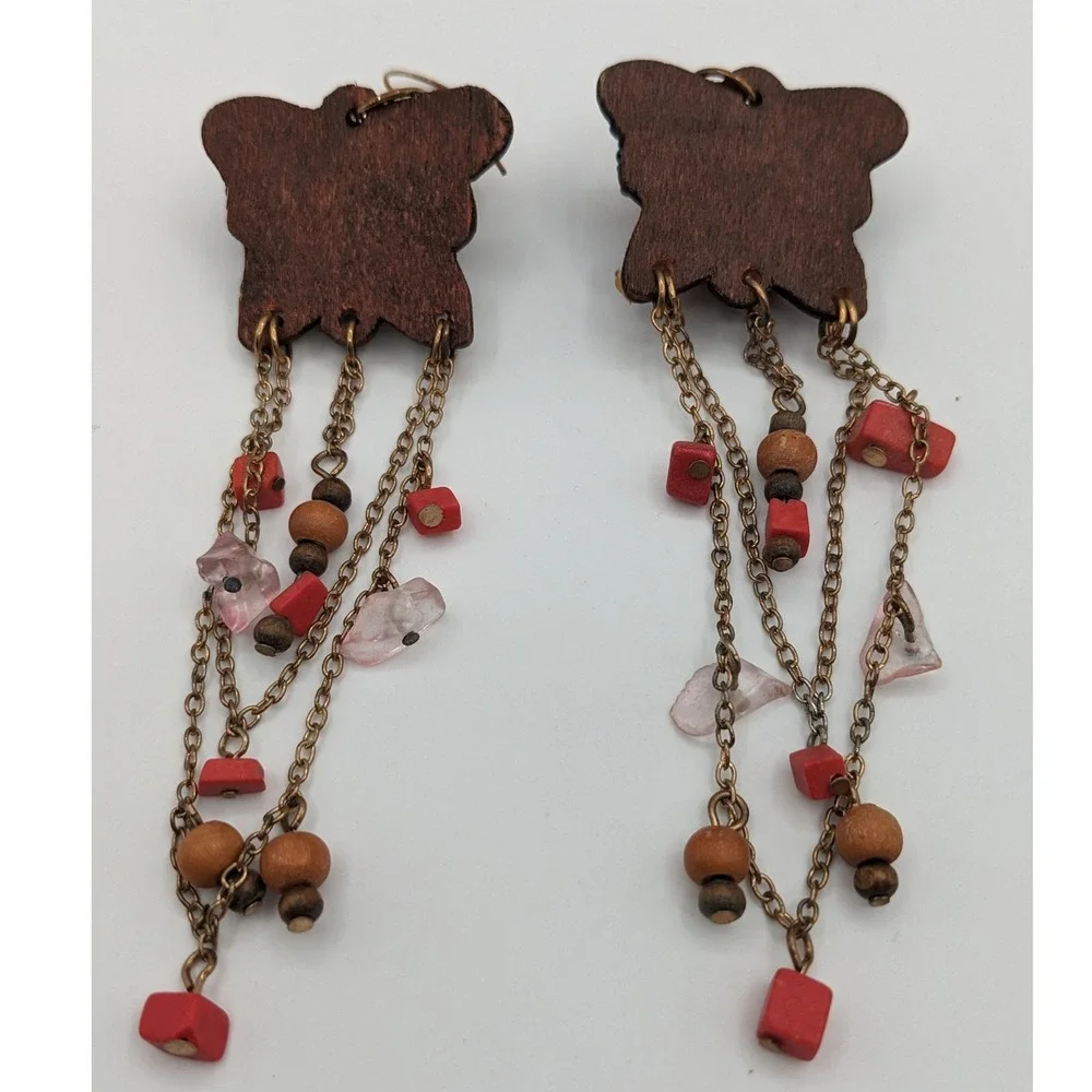 Bohemian Wood Butterfly Dangle Earrings Beaded Red‎ Bronze Tiered Chain 5